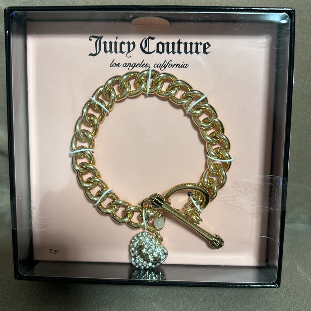 Juicy Couture Charm Bracelet Toggle Chain Link With Puff Heart Gold tone